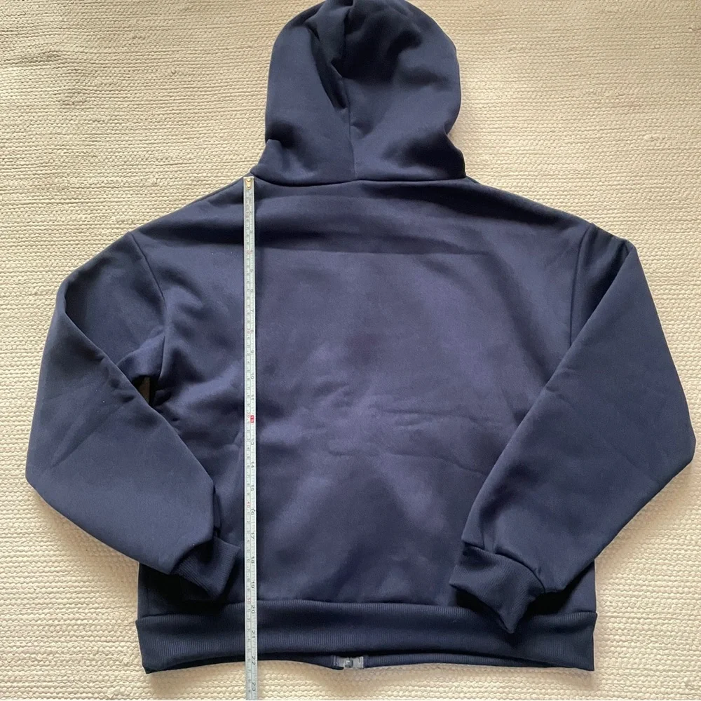 Full Zip Drawstring Hoodie Unisex Navy Blue Size S - Picture 5 of 7